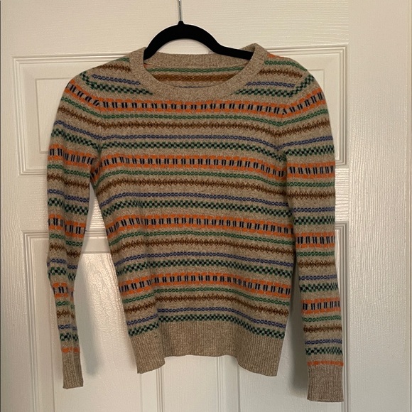 Sweaters - Women's Beige 100% Wool Crewneck Sweater with Orange & Green Stripes